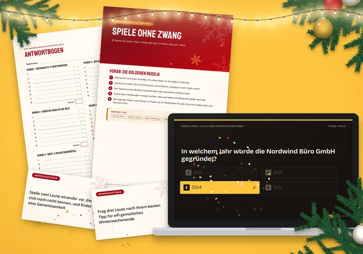 Das Kit gedruckt und am Bildschirm: Antwortbogen, Spiele-Heft, Geheimauftrag-Karten und die Quizshow auf dem Laptop