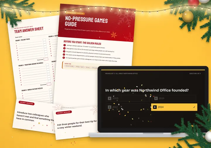 The kit printed and on screen: answer sheet, games guide, secret mission cards and the quiz show on a laptop