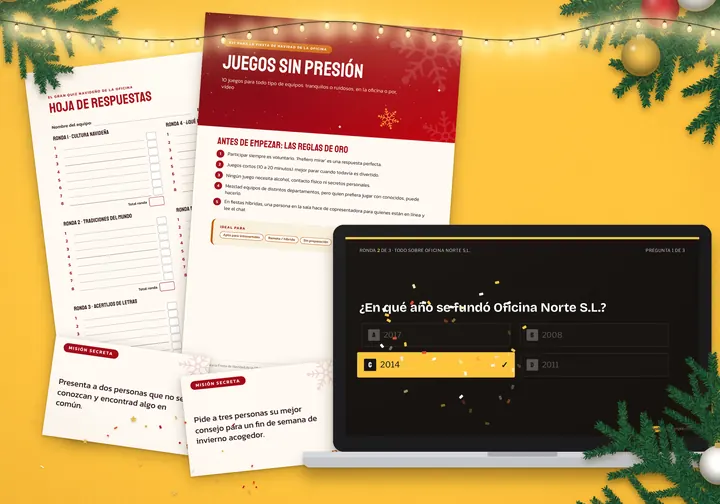 El kit impreso y en pantalla: hoja de respuestas, guía de juegos, tarjetas de misión secreta y el concurso en un portátil