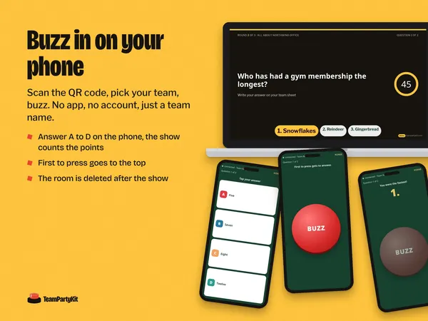 Phone buzzer: player page on three phones and the big screen