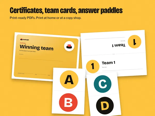 Printable certificates, team cards and answer paddles